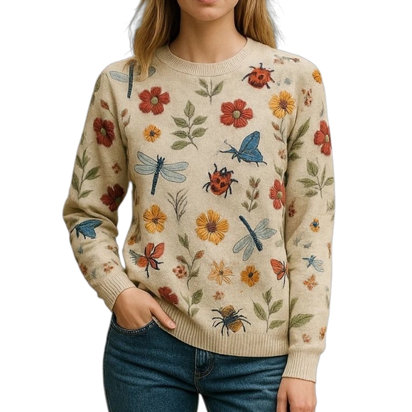 butterfly chic Sweaters - Dragonfly Leaves & Lady Bugs Printed Cream Colored Sweater